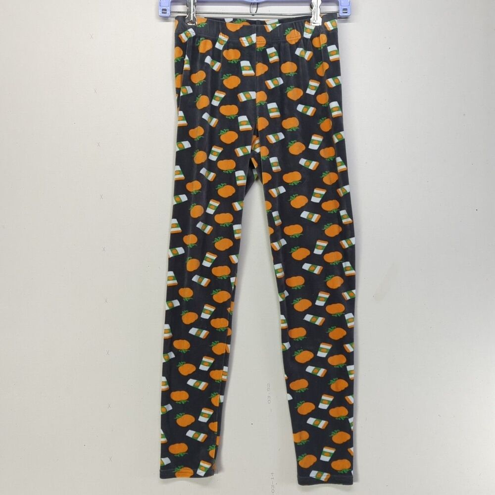 Serra Aldi Plush Leggings Medium M Black Pumpkin Spice Fall Autumn Coffee Print